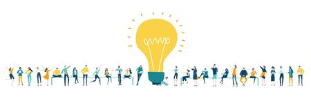 Lots of people around the big light bulb. Research, internet, big data idea, Availability of knowledge, Developing, taking a risk, support and solving the problem business concept illustration.の写真素材