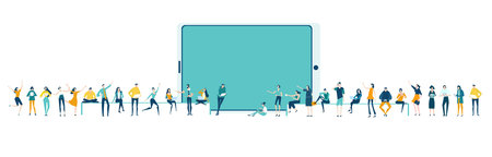 Lots of people around the digital tablet. Research, internet, big data idea, Availability of...