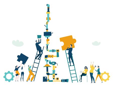 People working together with the pipes and mechanism. Developing, taking a risk, support and solving the problem business concept illustration.の写真素材