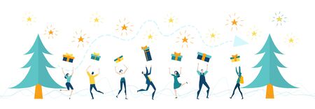 People dancing with presents around the Christmas tree.のイラスト素材