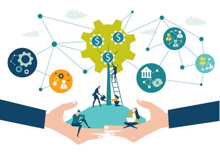 Business people grown the tree of success. Business man holding the tree and people in the hand as symbol of protection and support.のイラスト素材