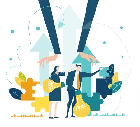 Business people holding light bulbs as symbol of bringing the bride idea and build business together. Collection of business people in action.のイラスト素材
