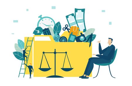 Businessman sitting in front of the folder. Database, support and control idea.  Improvement and working together concept. Collection of business people in action.のイラスト素材