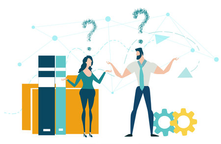 Young professional people with questions marks, doubting, thinking, looking for the right solution concept. Collection of business people in action.のイラスト素材