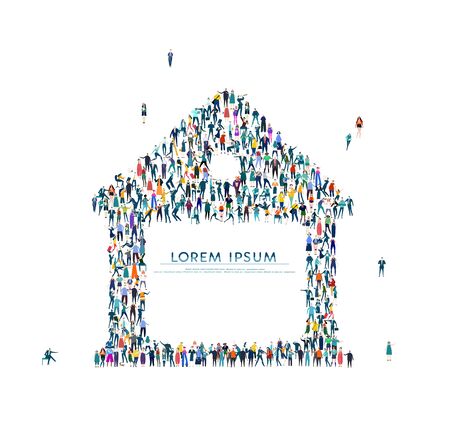 House, home. Large group of business people, workers, family members and students organised into home symbol. Collection of icons made of little busy people.のイラスト素材