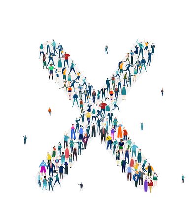 Alphabet, typeface, letter X. Large group of business people, workers, family members and students organised into letter. Collection of icons made of little busy people.のイラスト素材
