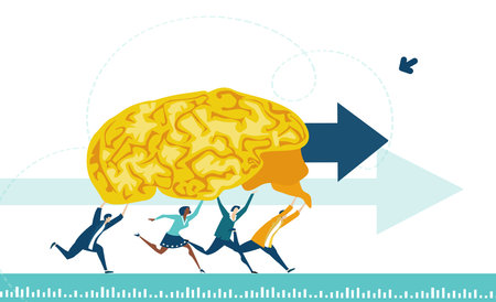People running and holding up human's brain. Concept illustration