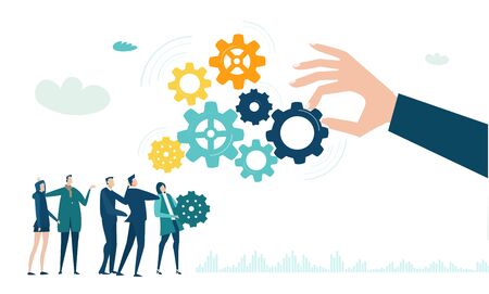Business people discussing the progress, development and improvement possibility. Business team looking on gears, concept illustrationのイラスト素材