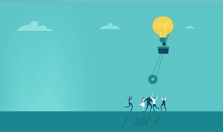 Air Balloon Light bulb with two business people in basket flying over the running people. Creative  team. Business concept illustration, finding new opportunity, progress, success and support ideas.のイラスト素材