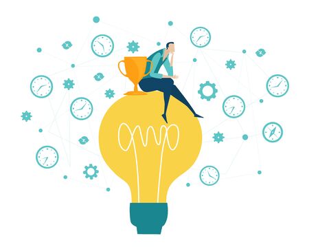 Thinking businessman with trophy sits on the light bulb and generating ideas. Concept illustrationのイラスト素材