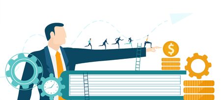 Businessman showing the target and the way to develop business. Little people running towards the success and wage rise. Business concept illustrationのイラスト素材
