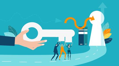Hand of businessmen passing the golden key to the team. Advisory, support, developing and maintaining new business ideas and planning. Business concept illustrationのイラスト素材