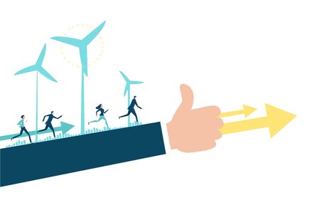 Wind generation, eco friendly future. Businessmen showing the way for business to go and little people running towards the success. Business concept illustration.のイラスト素材