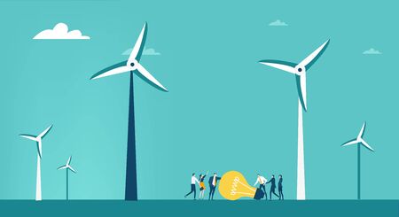 People generating energy of the wind. Wind turbine.  Alternative energy sources, eco friendly future, safe the planet concept.のイラスト素材