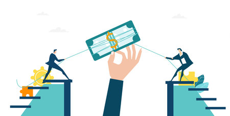 Two businessmen pulling dollar, competing against each other. Finding solution, competition, arguing, fighting for the deal. Business concept illustrationのイラスト素材