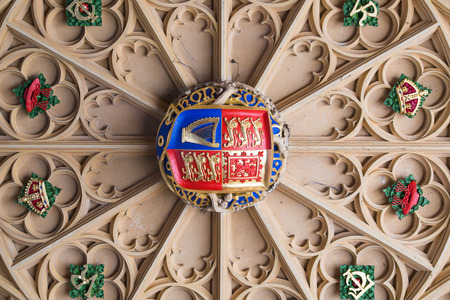 London, UK - July 29, 2019: Tudors Arms on the ceiling of the entrance gate.  Hampton court, belonged to Henry VIII. Locates in West London.のeditorial素材