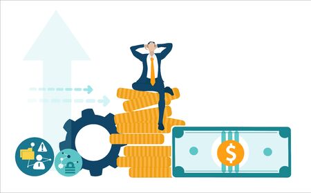 Businessman sitting on stack of coins, bankerのイラスト素材