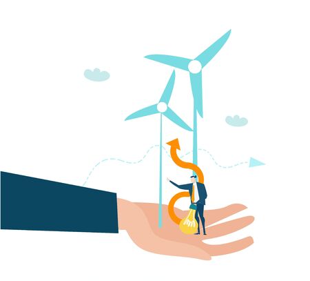 Businessmen holding little man with light bulb and wind turbines. Finding a new energy  sours, alternative energy supply.のイラスト素材