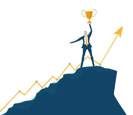 Businessman staying on the top of mountain peak and holding golden trophy up. Support, working together, way to the success concept.のイラスト素材