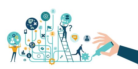 Business people trying get own place in business in the modern internet environment. Hightech electronic, microchips, icons and communication symbols at the background. Business concept illustration.のイラスト素材