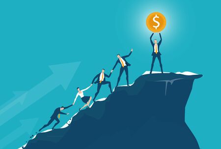 Team of business people climbing up to the top of the mountain peak. Support, working together, way to the success concept.のイラスト素材