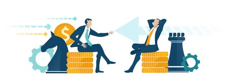 Business people sitting on the golden coins and making business agreement.  Relaxing after making a good deal. Businessmen sitting on the golden coins after finishing a chess game. Winner conceptのイラスト素材