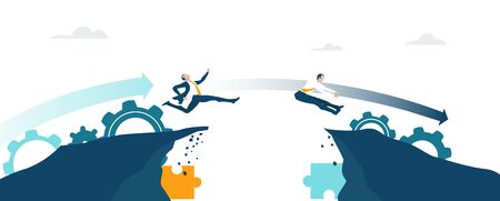 Business people running and jumping over the dangerous canyon. Way to success, competitive modern business environmentのイラスト素材