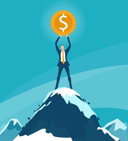 Successful businessmen staying on top of the mountain peak and holding golden coin up.のイラスト素材