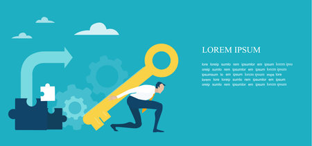 Business people holding a golden key up. Business concept illustrationのイラスト素材