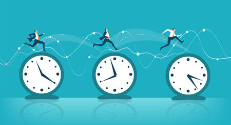 Business people hopping from one clock to another as symbol of business travel, international...