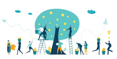 People, bankers collecting profit from the money tree. Investment, savings, salary and banking concept illustrationの写真素材