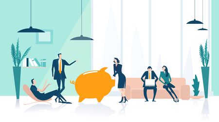 Business people working in office around money pig. Lots of creative young people having a meeting, discussion in office, generating new ideas to improve business. Co-working workspaceの写真素材