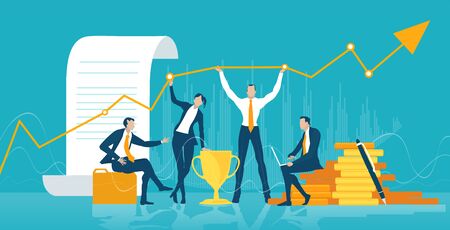 Team of successful business people, bankers  working together and holding arrow up as symbol of growing business and success in investments. Concept illustrationのイラスト素材