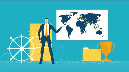Businessman staying in front of globe and showing deal locations. Concept illustrationのイラスト素材