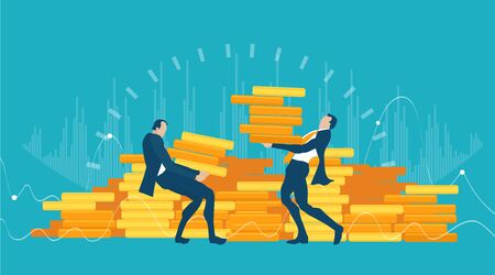 Two business man bringing money to the bank storage. Business people caring  golden coins as symbol of profit, investments, savings and great finance management. Business concept illustrationのイラスト素材