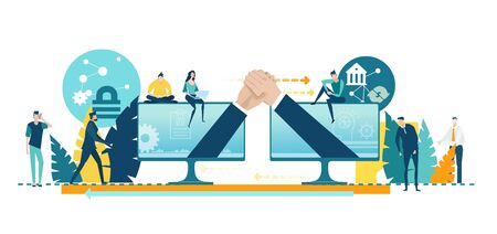 Business people working around computer monitors which shown diagrams and finance charts. Working together concept.のイラスト素材