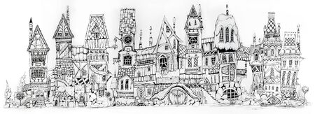 Collection of ink drawing  houses for concept art inspiration. Magic village, fairy houses, fantasy medieval architecture. Conceptual art.の写真素材