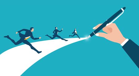 Successful business people running on the way which businessman hand was drawing for them as gaudiness and direction. Support, working together and help conceptの写真素材