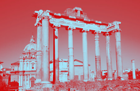 Ruins of Roman's forum in Rome, monochrome image, dual tanning effect.