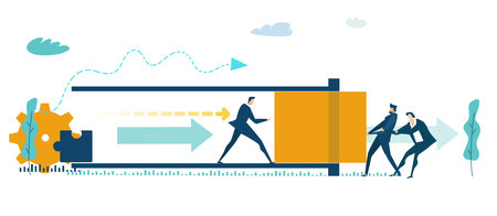 Business man trying to push a cork out of end of a tube or a tunnel in order to get out.