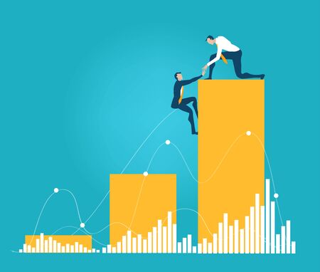 Business people stand at growth bars, representing working together, growing, developing and supporting business, finding solutions and think outside the box. Business concept illustrationのイラスト素材