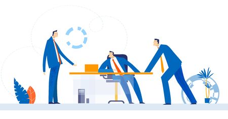 Business people working in office, negotiating, having a meeting and solving the problems. Stress, crisis, under the pressure, working late hours concept illustrationのイラスト素材