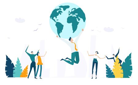 Successful businessman jumping hight up and holding the globe above his head. Symbol of celebrating, winning , achievement  professional career.のイラスト素材