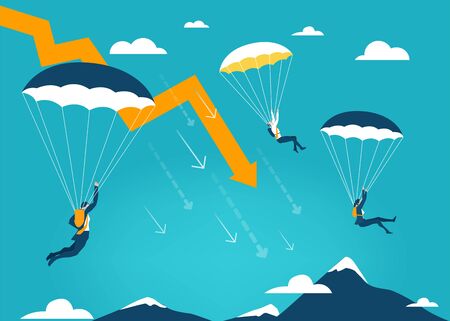 Business team landing with parachutes, helping on different situations, support and immediate respond. Professional approach.のイラスト素材