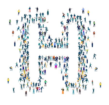Alphabet. Letter made of many little people, crowd creation. Lots of busy people in the letter shape.の写真素材