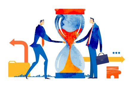 Two businessman stand by the sand glass. Time if money conceptの写真素材