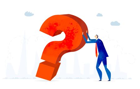 Businessman holding up red big question mark. Solving problem, making decision and answering the questions business concept illustrationのイラスト素材
