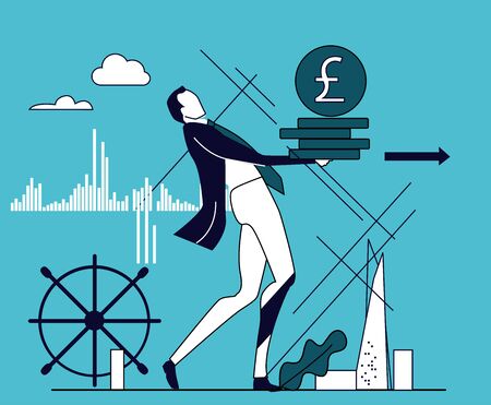 Businessman caring coins. Banker, economy crisis, financial difficulties. Concept illustration.のイラスト素材