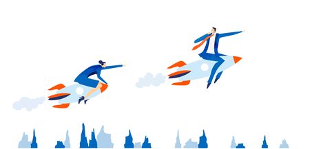 Successful business people flying with rocket, new business, start up. Future opportunities, looking forward, making designs and making a progress concept. Modern flat design business illustrationのイラスト素材