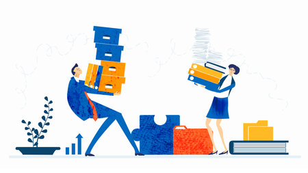 Business people caring files and documents, overloaded with work, working late hours under the...